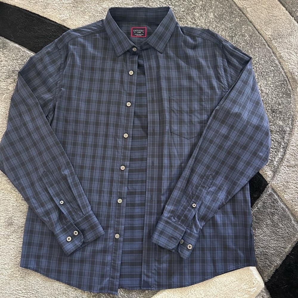 UNTUCKIT BLUE PLAID BUTTON FRONT DRESS SHIRT
